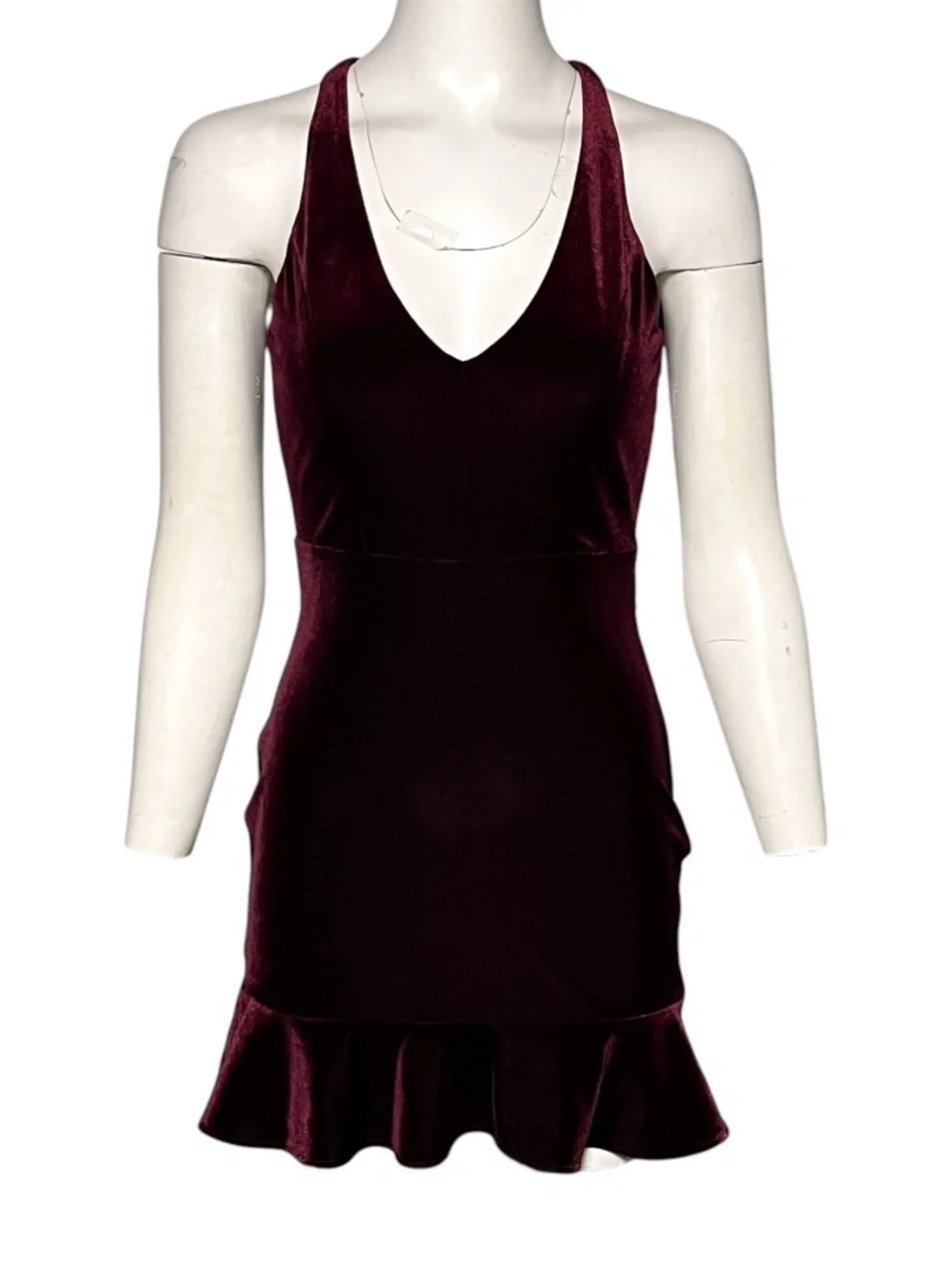 Amanda Uprichard Velvet Mini Dress Small Burgundy Open Back Racer Ruffle Hem